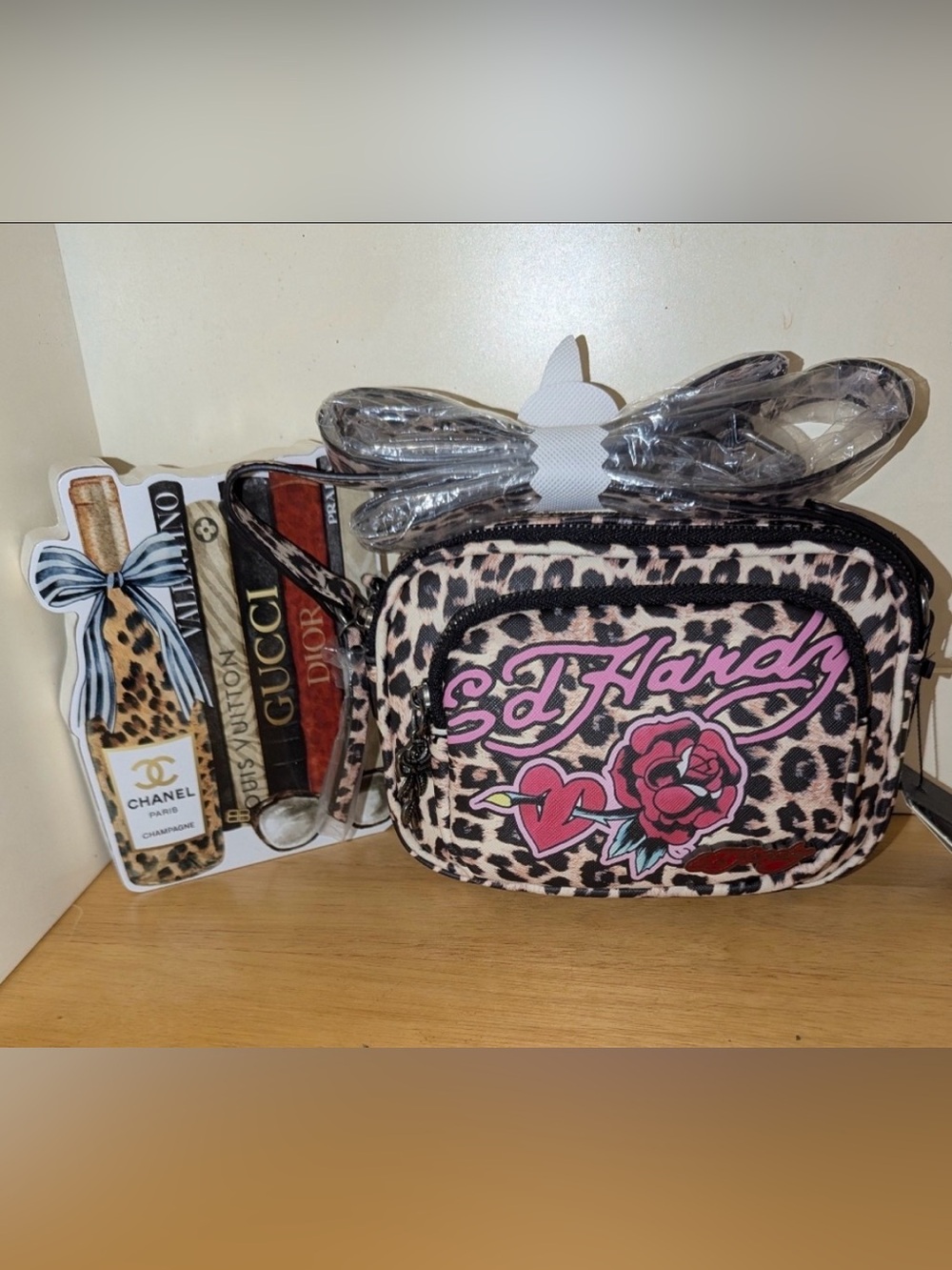Ed Hardy Leopard Print Crossbody Bag with Pink Logo and Rose